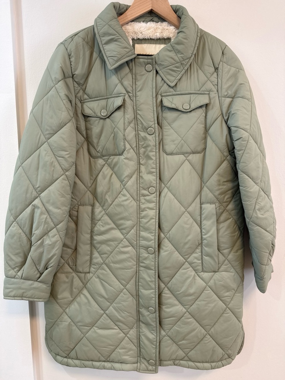 Madden Girl Quilted Puffer Coat with Sherpa Lining - Sage Green